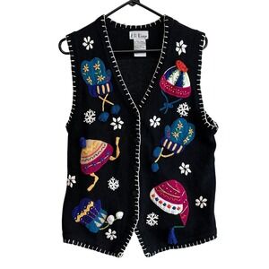 Vintage 1990's Sweater Vest Embroidered Novelty Print Winter Snowflakes Sz M